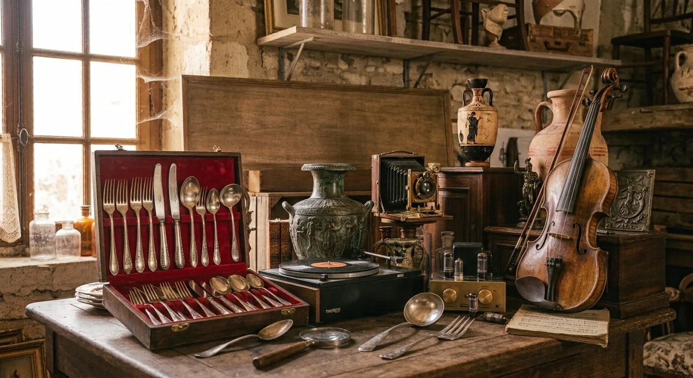 Table d'atelier de brocanteur : ménagère en métal argenté dans son coffret, chambre photographique à soufflet, amphore de style antique, violon et son archet, tourne-disque et loupe