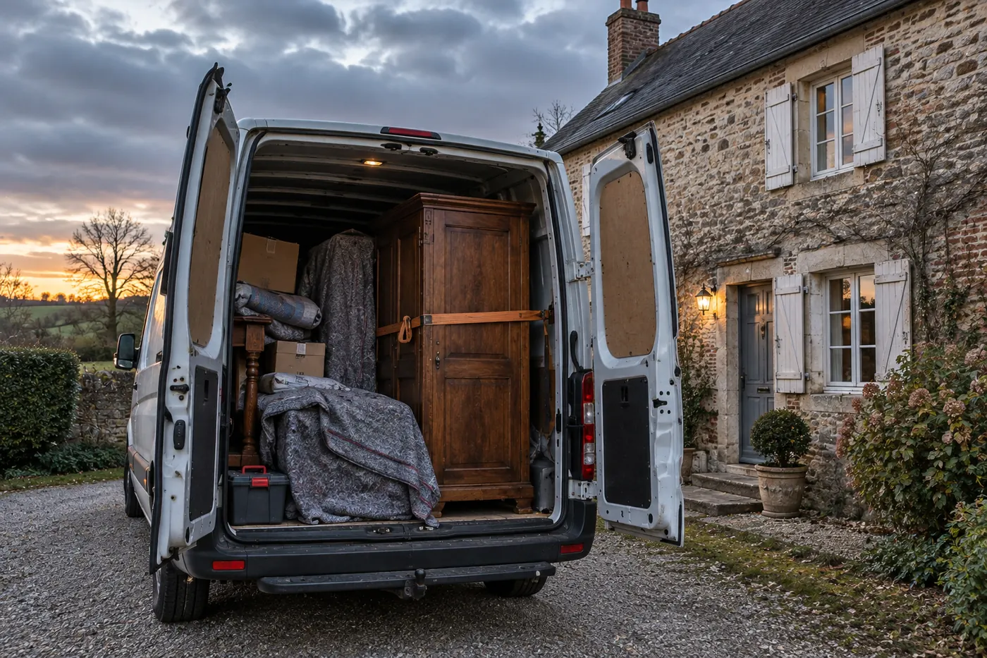 Camionnette utilitaire ouverte devant une longère normande au crépuscule, armoire ancienne sanglée et meubles protégés par des couvertures