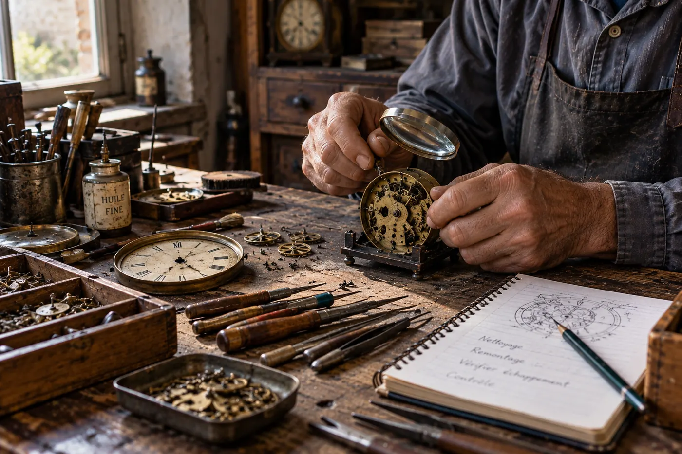 Examen à la loupe d'un mouvement de pendule ancien sur un établi, outils, cadran émaillé et carnet de notes