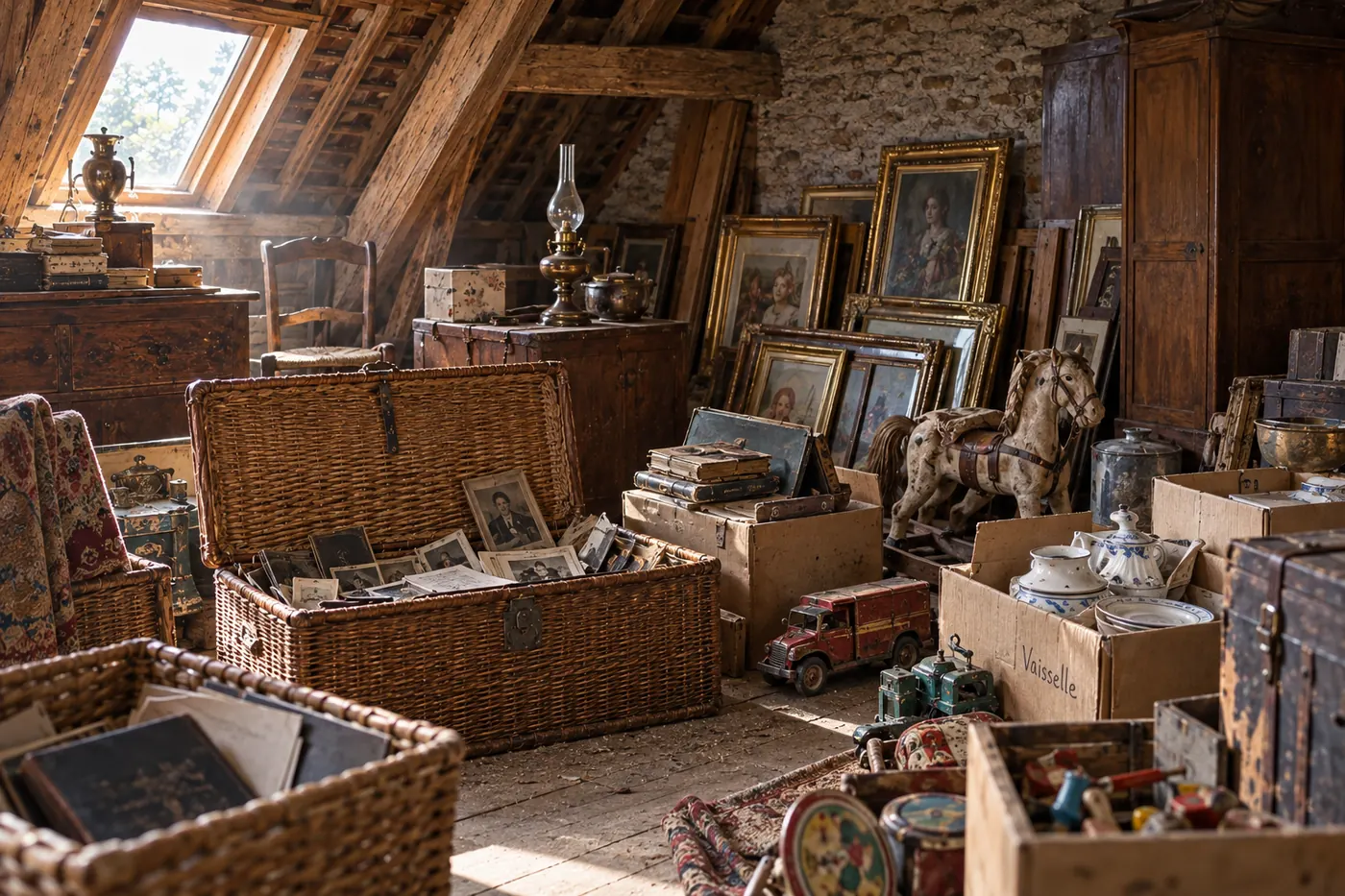 Grenier de maison de famille en cours de tri : malles en osier remplies de photographies, cartons de vaisselle, cadres dorés, jouets anciens et cheval de bois